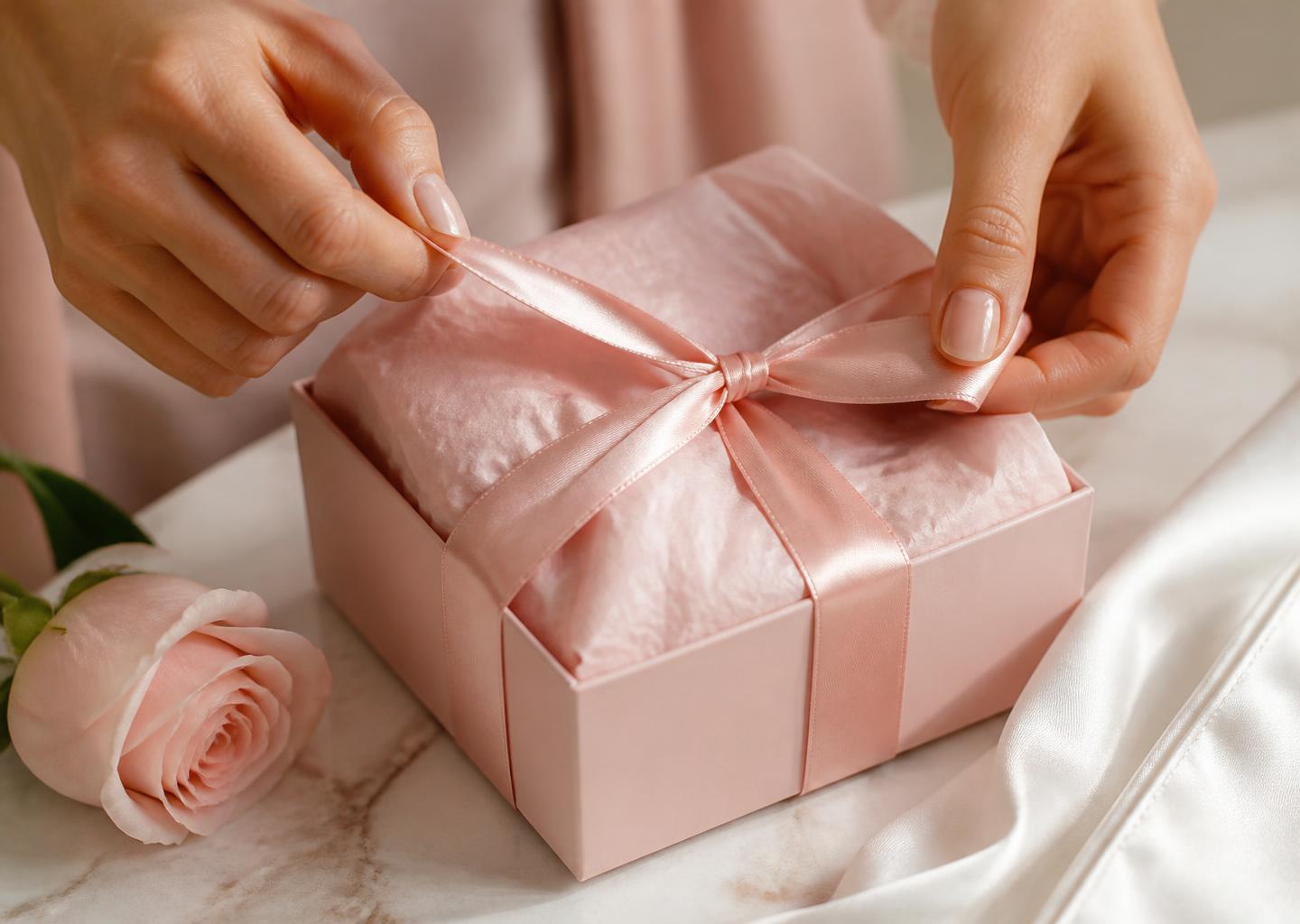 Close-up of hands untying a pink satin ribbon on a blush gift box beside a pale rose