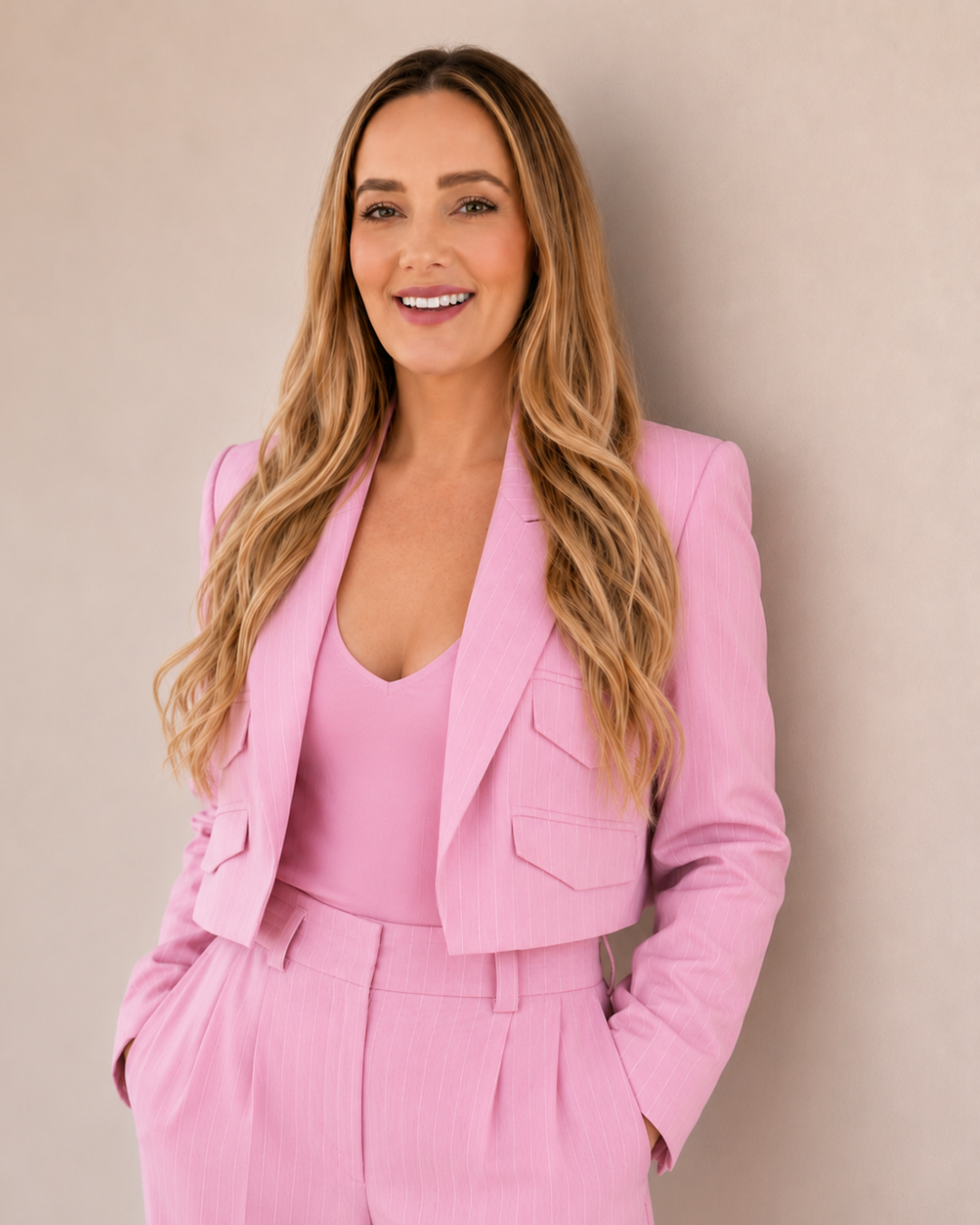 Hayley, founder of StayBliss, in a pink pinstripe suit