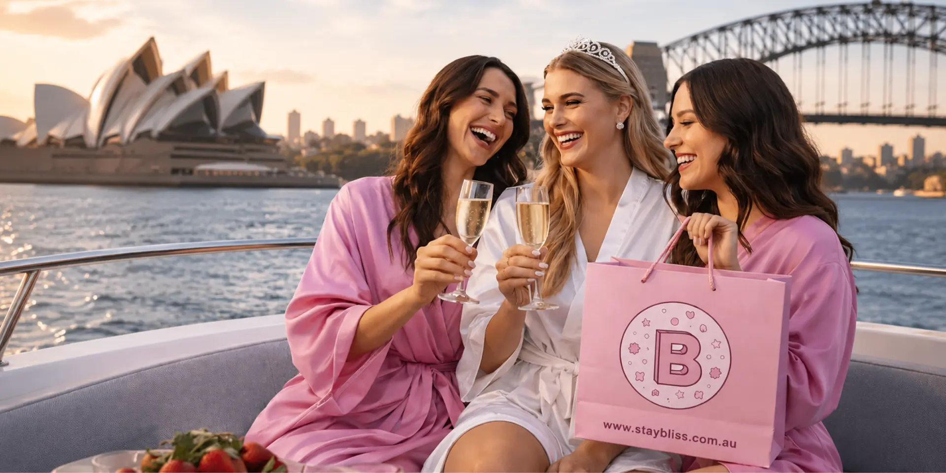 Three women in silk robes laughing and toasting champagne on a boat in front of the Sydney Opera House with a pink StayBliss gift bag