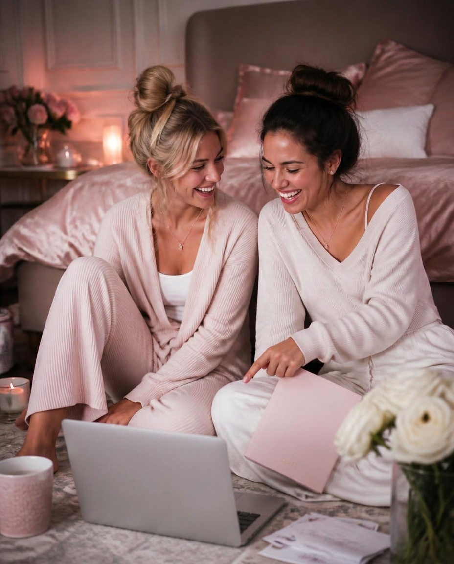 Woman in a white silk robe shopping privately at home with a StayBliss wand massager