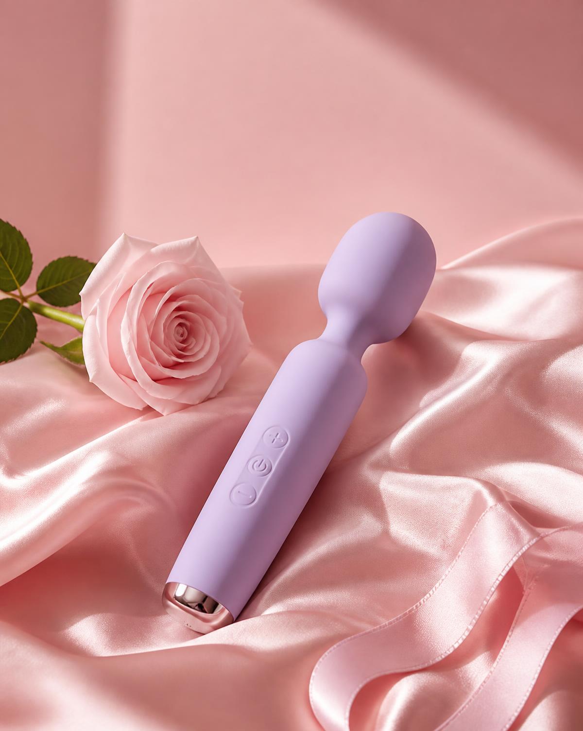 Lilac silicone wand massager resting on blush pink satin beside a pale rose