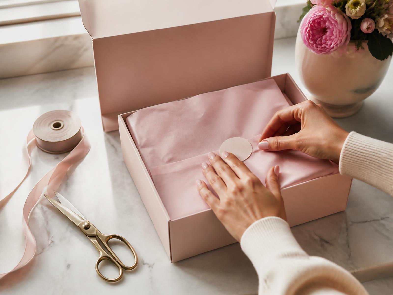 Hands sealing pink tissue paper inside a blush shipping box on a marble bench with ribbon and scissors