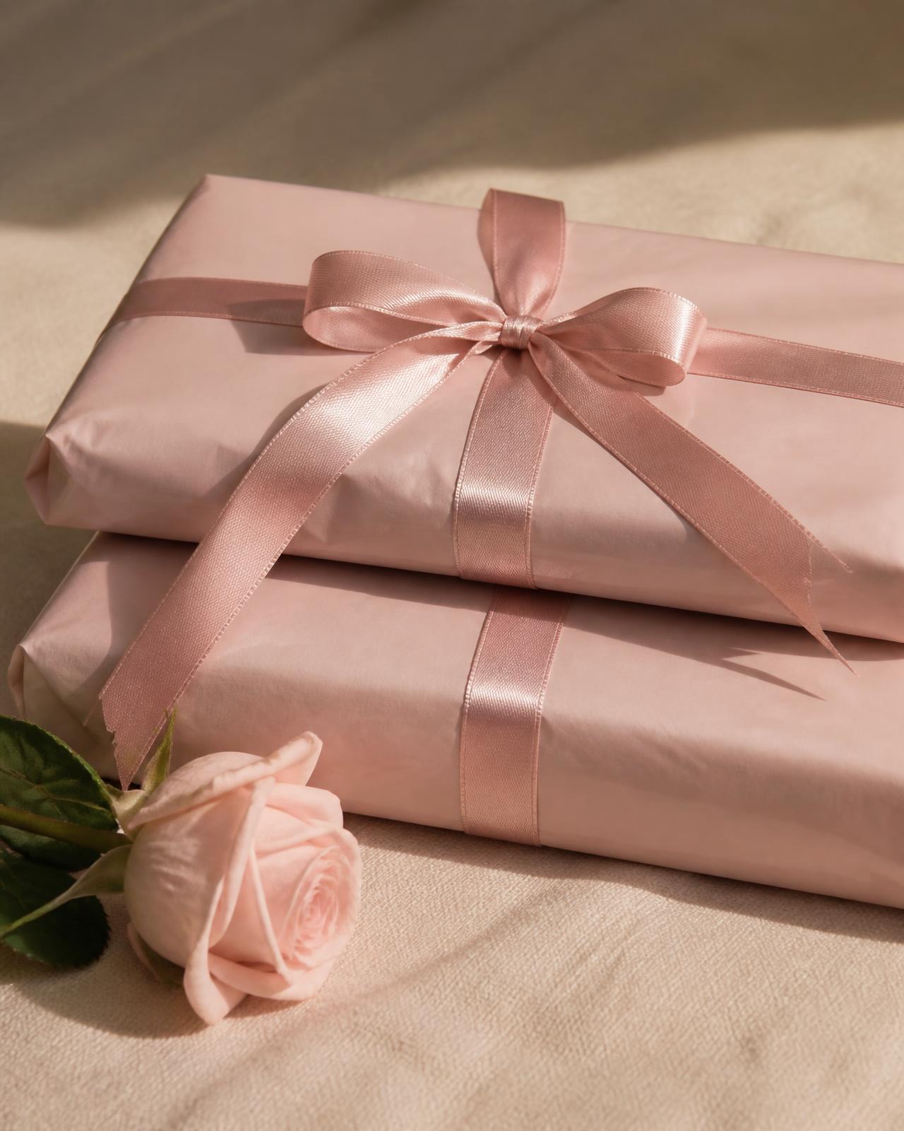 Two blush pink parcels tied with satin ribbon stacked on soft linen beside a pale rose